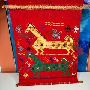 Vintage Guatemalan Hand Woven Tapestry Fiber Folk Art Cats Horses Birds Lizards